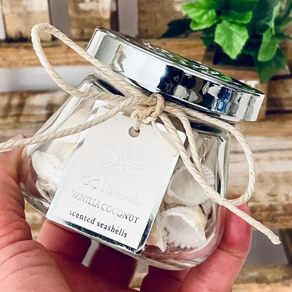 NWT GC Naturals VANILLA COCONUT scented seashells Decorative Glass Aroma Jar
